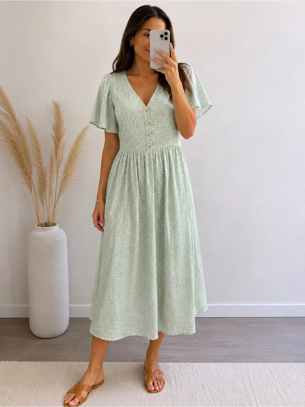 & Other Stories Los Angeles Atelier Sage Green Floral Midi Dress US 8 V-Neck